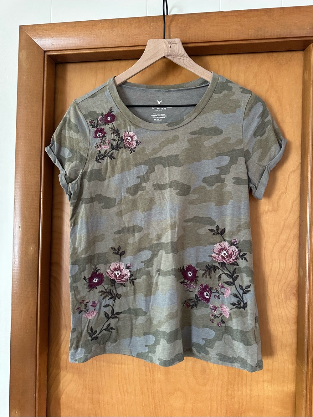 American Eagle Outfitters Olive Camo Tee with Pink Floral Embroidery
